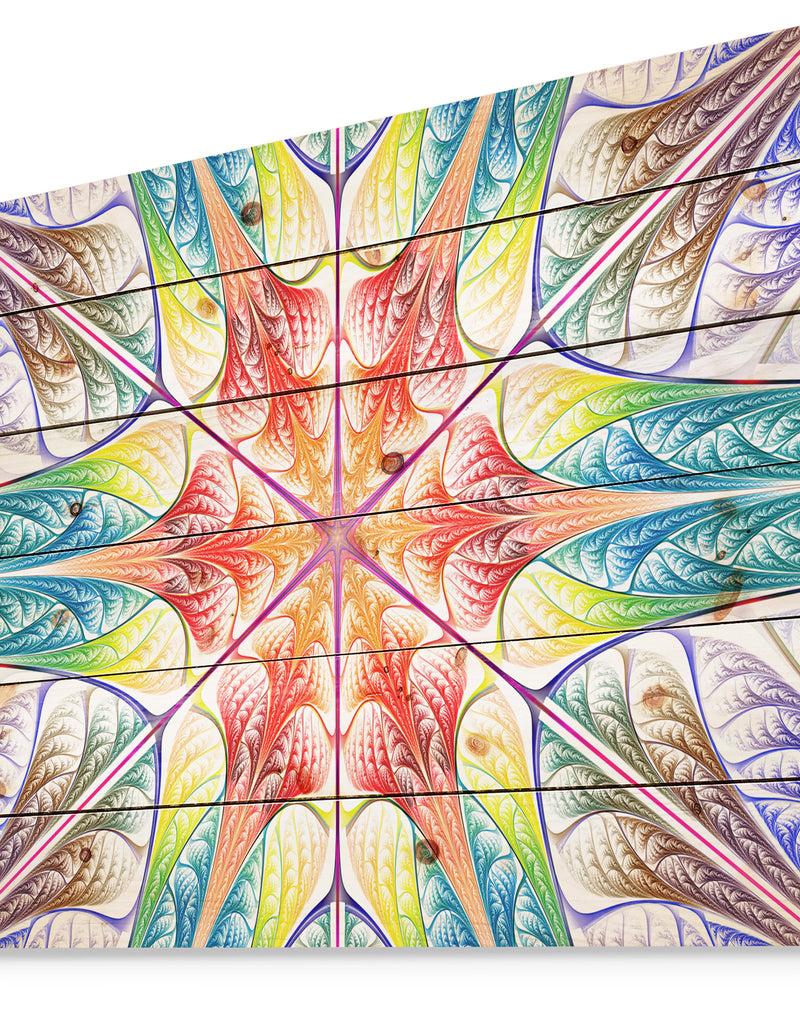 DesignQ Multi Color Fractal Circles And Waves - Abstract Print On Natural Pine Wood