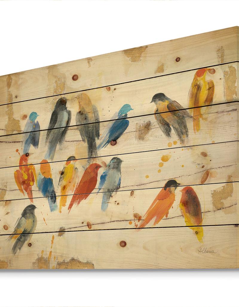 DesignQ Multicolor Bird Meeting - Traditional Animal Print On Natural Pine Wood