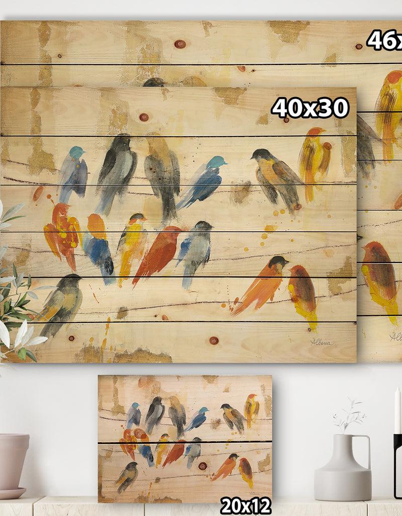 DesignQ Multicolor Bird Meeting - Traditional Animal Print On Natural Pine Wood