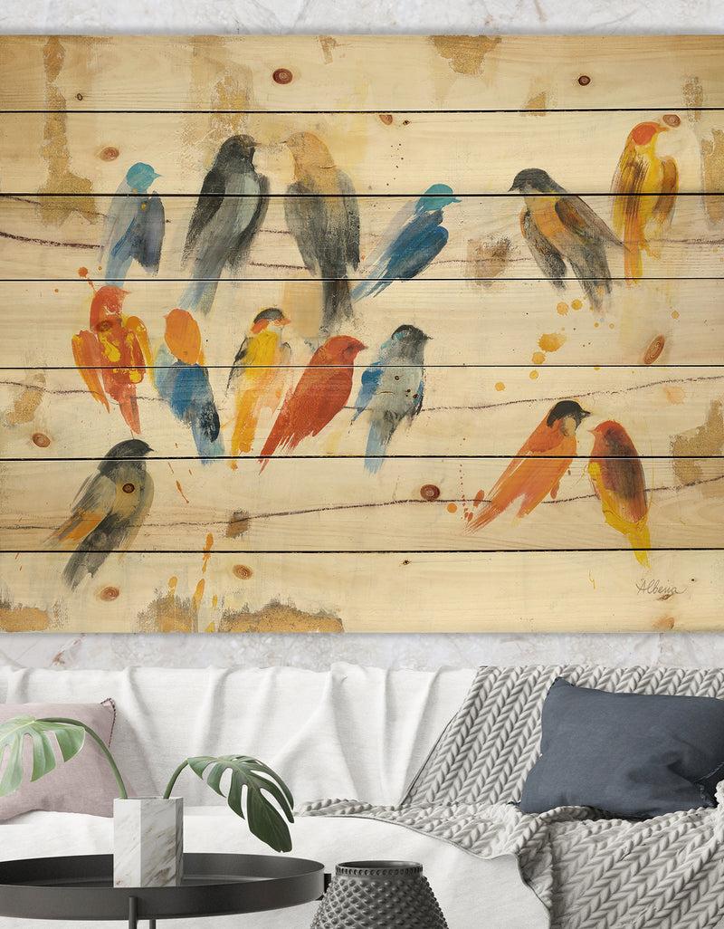 DesignQ Multicolor Bird Meeting - Traditional Animal Print on Natural Pine Wood