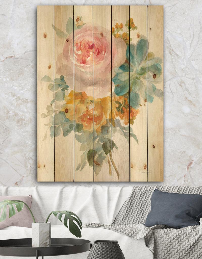 DesignQ Multicolor French Bouquet I - Farmhouse Print on Natural Pine Wood