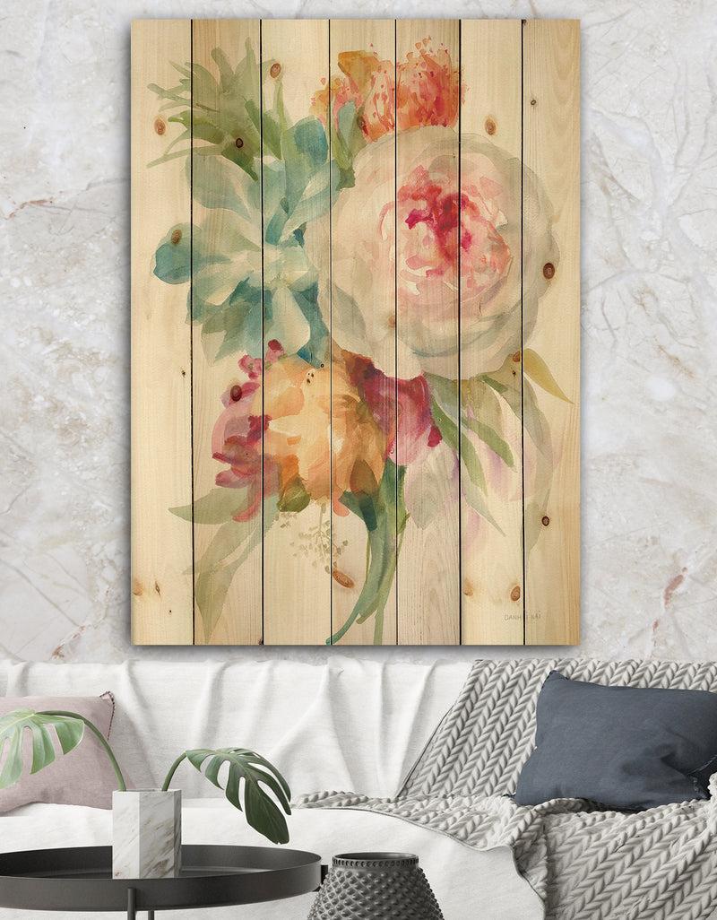 DesignQ Multicolor French Bouquet II - Farmhouse Print on Natural Pine Wood