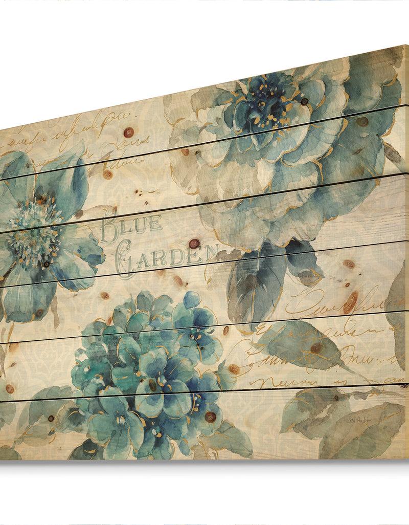 DesignQ My Greenhouse Cottage Flowers I - Farmhouse Print On Natural Pine Wood
