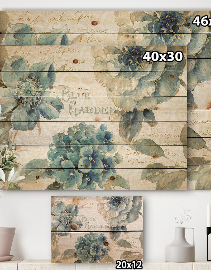 DesignQ My Greenhouse Cottage Flowers I - Farmhouse Print On Natural Pine Wood