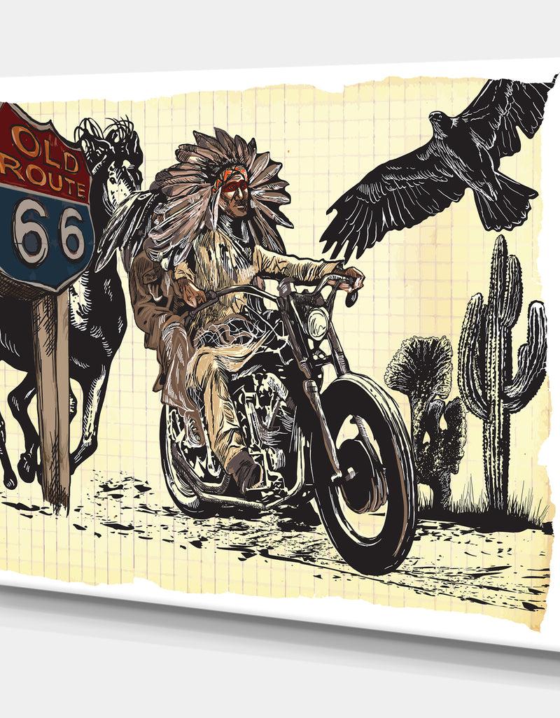 DesignQ Native American In Motorcycle - Sketch Of Indian Animals Painting Print On Wrapped Canvas