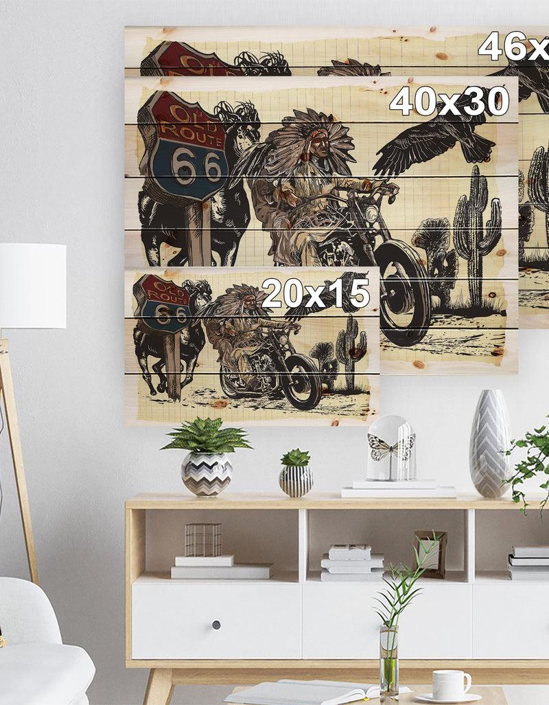 DesignQ Native American In Motorcycle - Sketch Of Indian Animals Painting Print On Natural Pine Wood