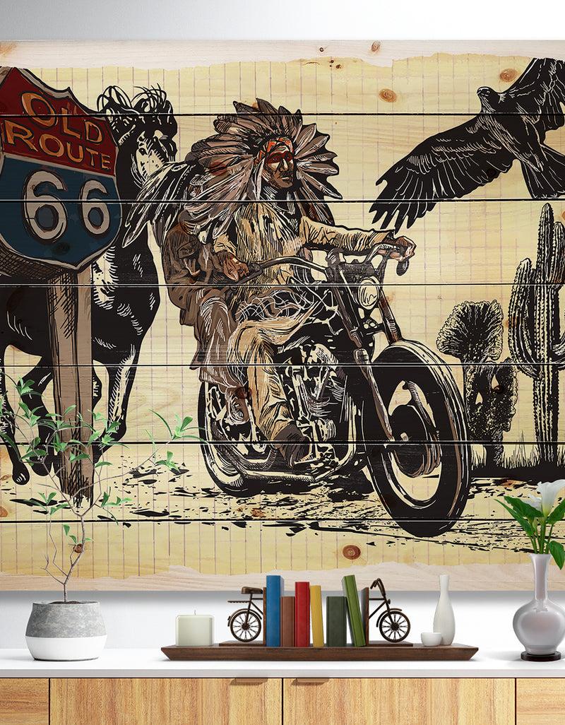 DesignQ Native American in Motorcycle - Sketch of Indian Animals Painting Print on Natural Pine Wood