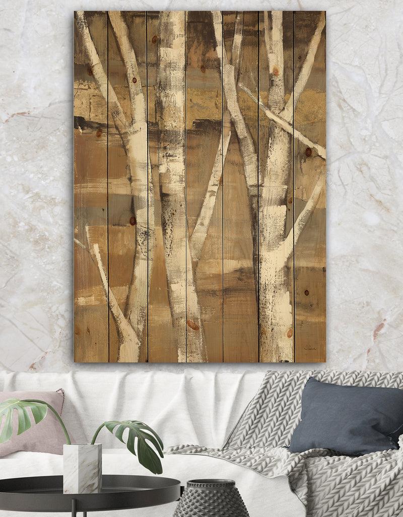 DesignQ Natural Birch Forest II - Traditional Print on Natural Pine Wood