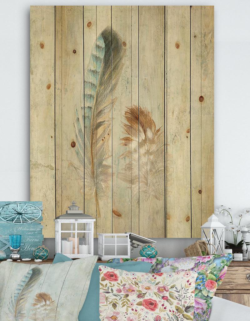 DesignQ Natural Feathers on Wood I - Farmhouse Print on Natural Pine Wood