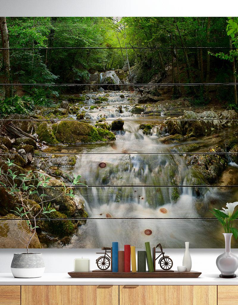 DesignQ Natural Spring Waterfall - Landscape Photography Print on Natural Pine Wood