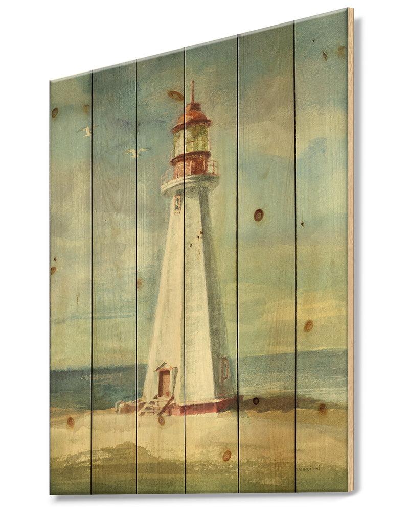 DesignQ Nautical Lighthouse III - Nautical & Beach Print On Natural Pine Wood