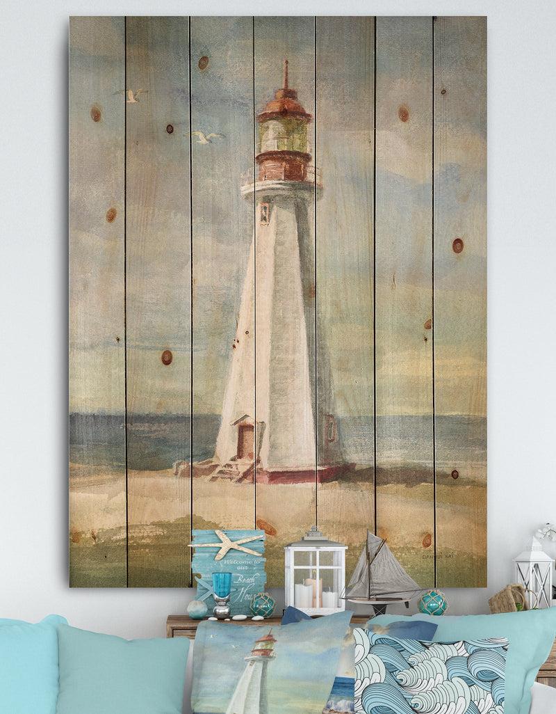 DesignQ Nautical Lighthouse III - Nautical & Beach Print on Natural Pine Wood