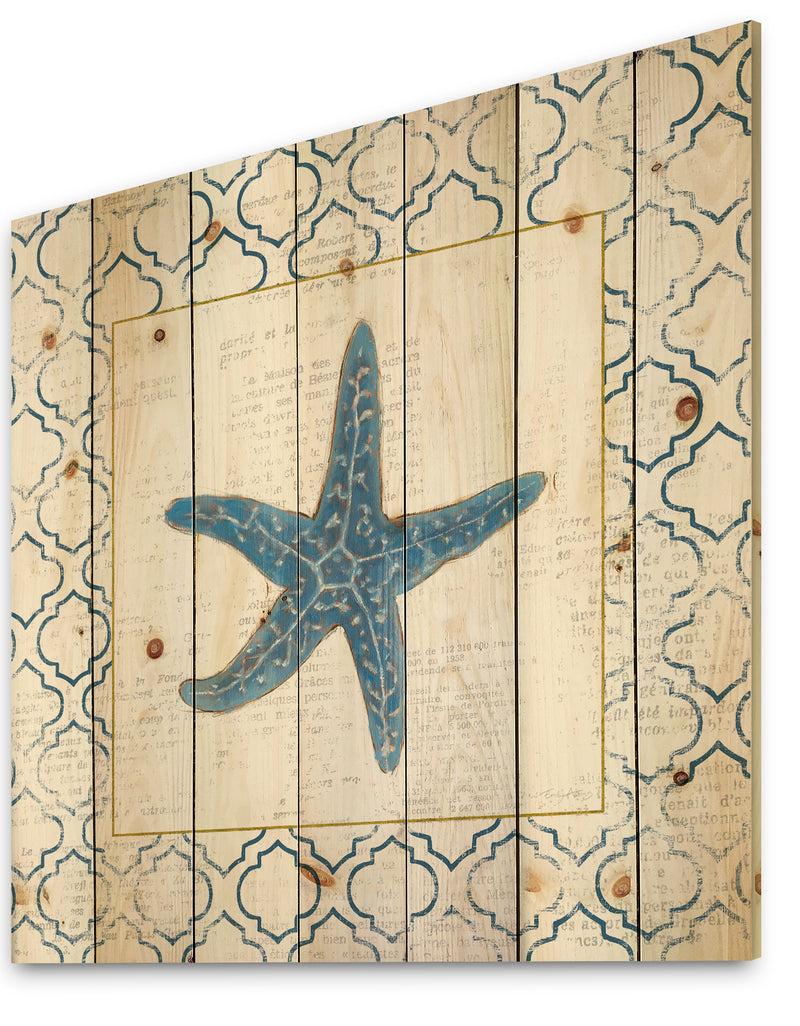 DesignQ Navy Starfish With Gold - Nautical & Coastal Print On Natural Pine Wood
