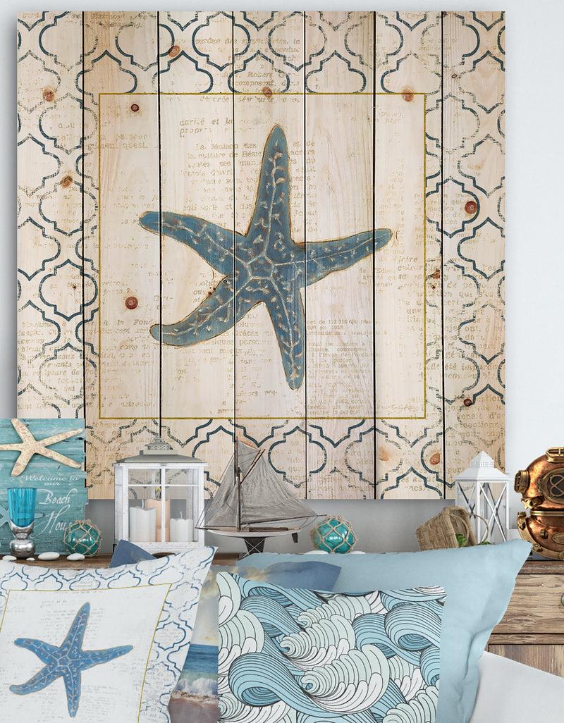 DesignQ Navy Starfish with Gold - Nautical & Coastal Print on Natural Pine Wood