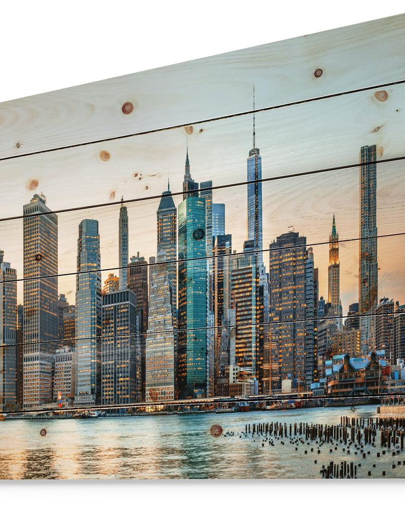 DesignQ New York City Skyline - Photography Print On Natural Pine Wood