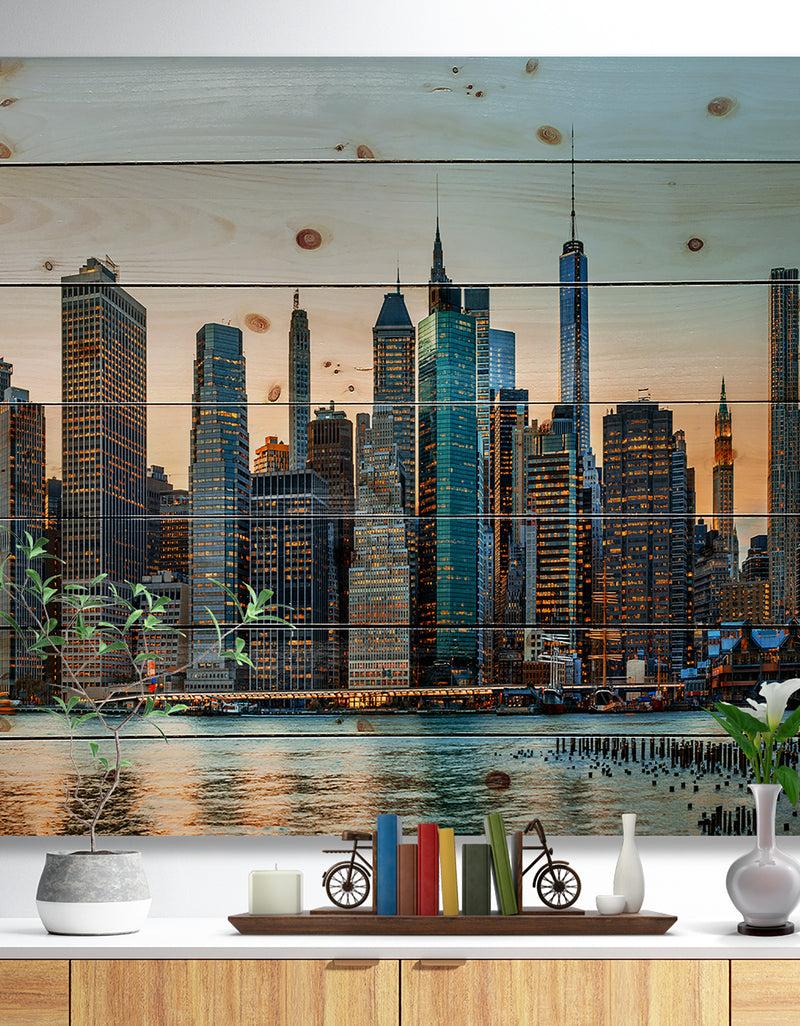 DesignQ New York City Skyline - Photography Print on Natural Pine Wood
