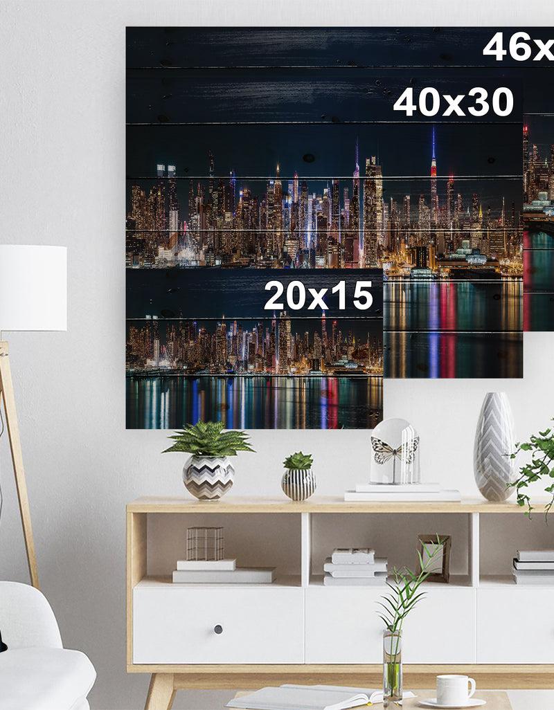 DesignQ New York Midtown Night Panorama - Print On Natural Pine Wood