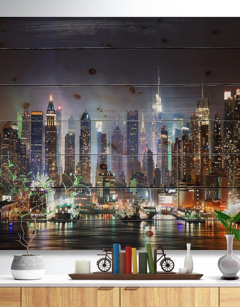 DesignQ New York Times Square in Blue Light - Cityscape Print on Natural Pine Wood