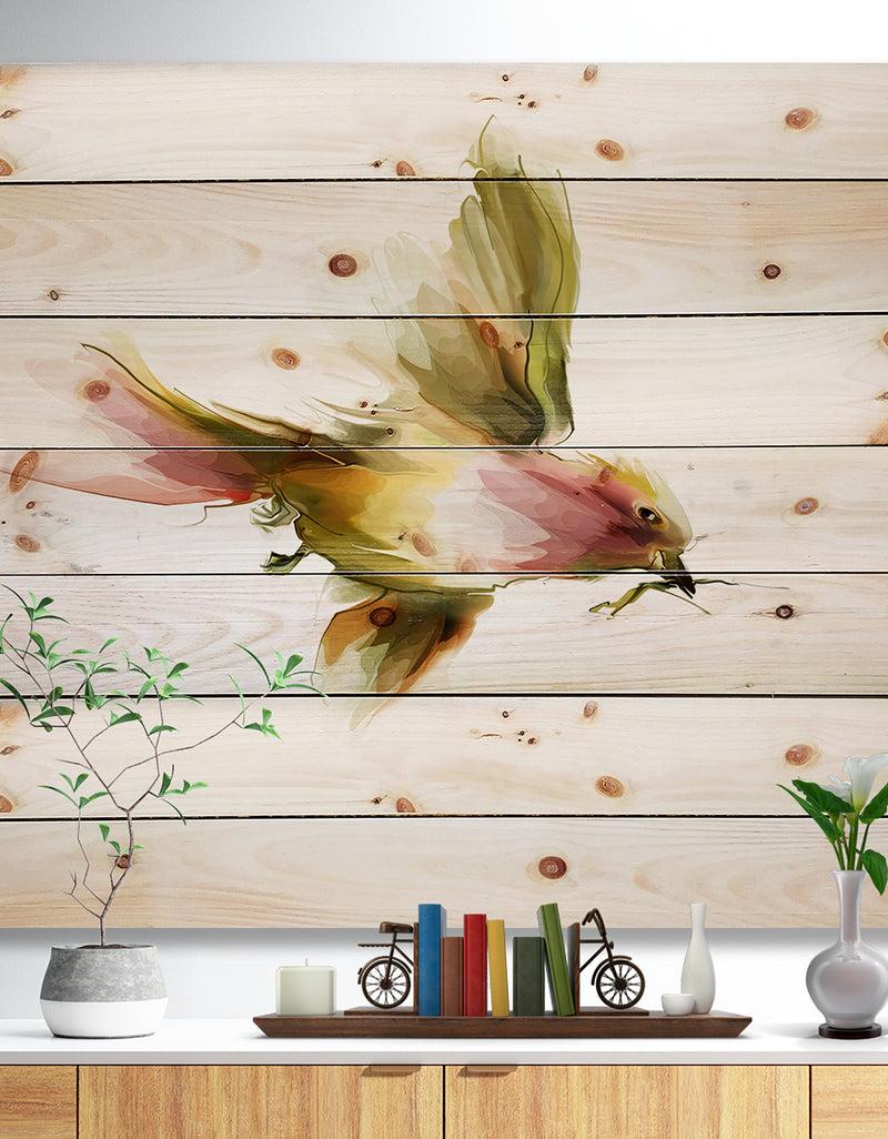 DesignQ Nice Flight of Lovely Green Bird - Animal Print on Natural Pine Wood