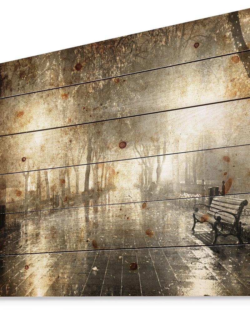 DesignQ Night Alley With Lights - Photography Landscape Print On Natural Pine Wood