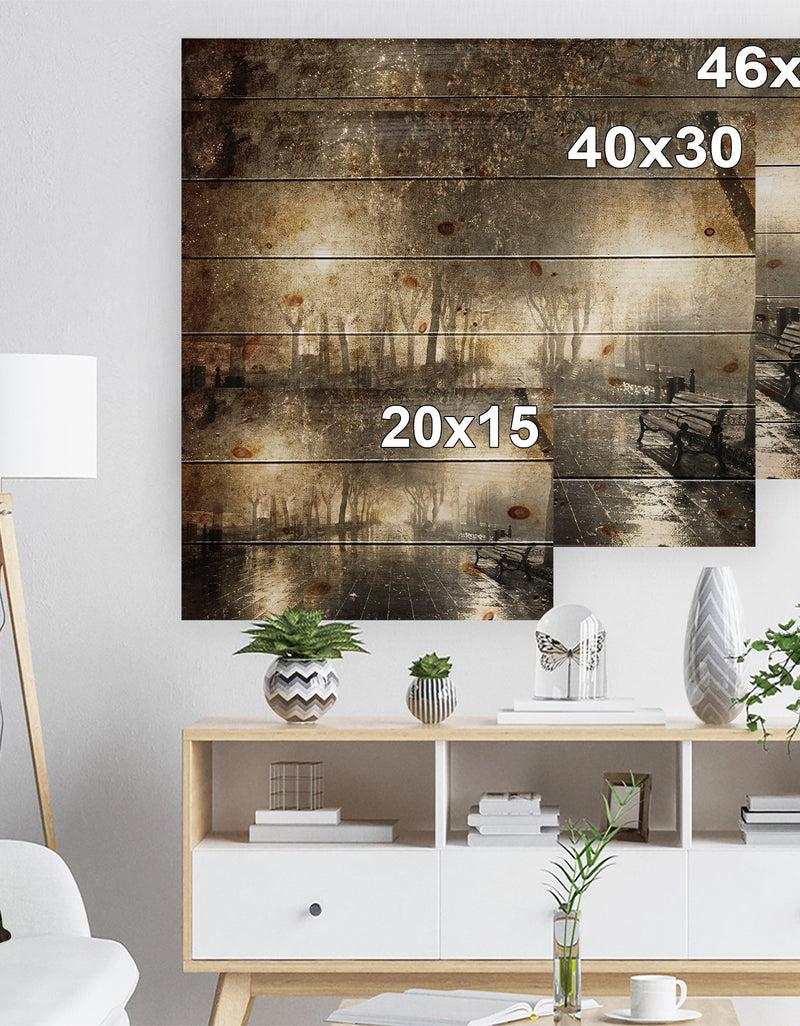 DesignQ Night Alley With Lights - Photography Landscape Print On Natural Pine Wood