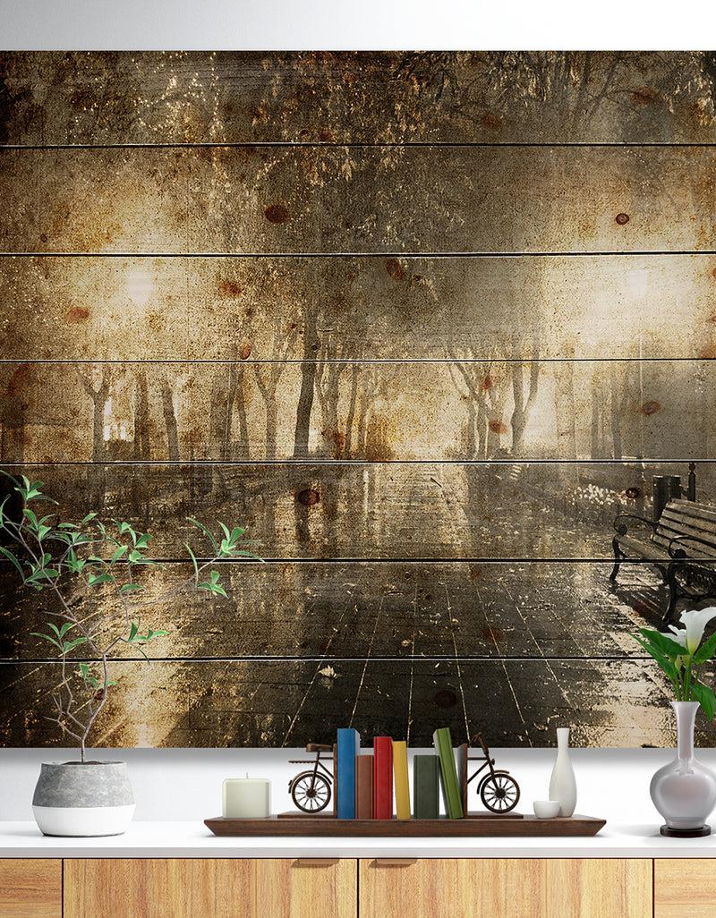 DesignQ Night Alley with Lights - Photography Landscape Print on Natural Pine Wood