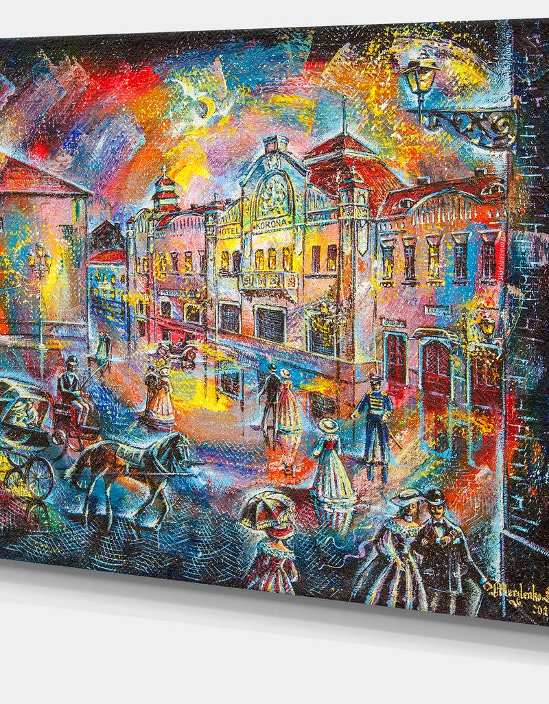 DesignQ Night City With People - Cityscape Canvas Artwork