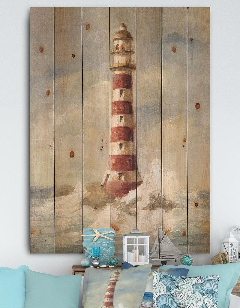 DesignQ Ocean Lighthouse - Nautical & Coastal Print on Natural Pine Wood