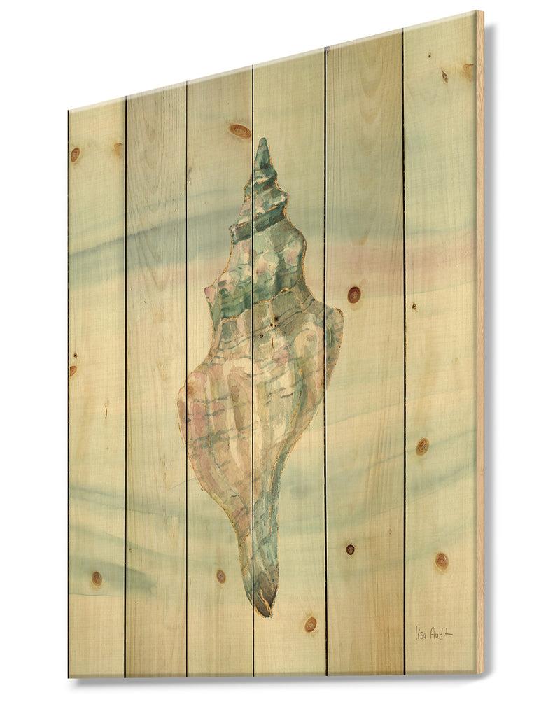DesignQ Ocean Metallic Conch - Lake House Print On Natural Pine Wood