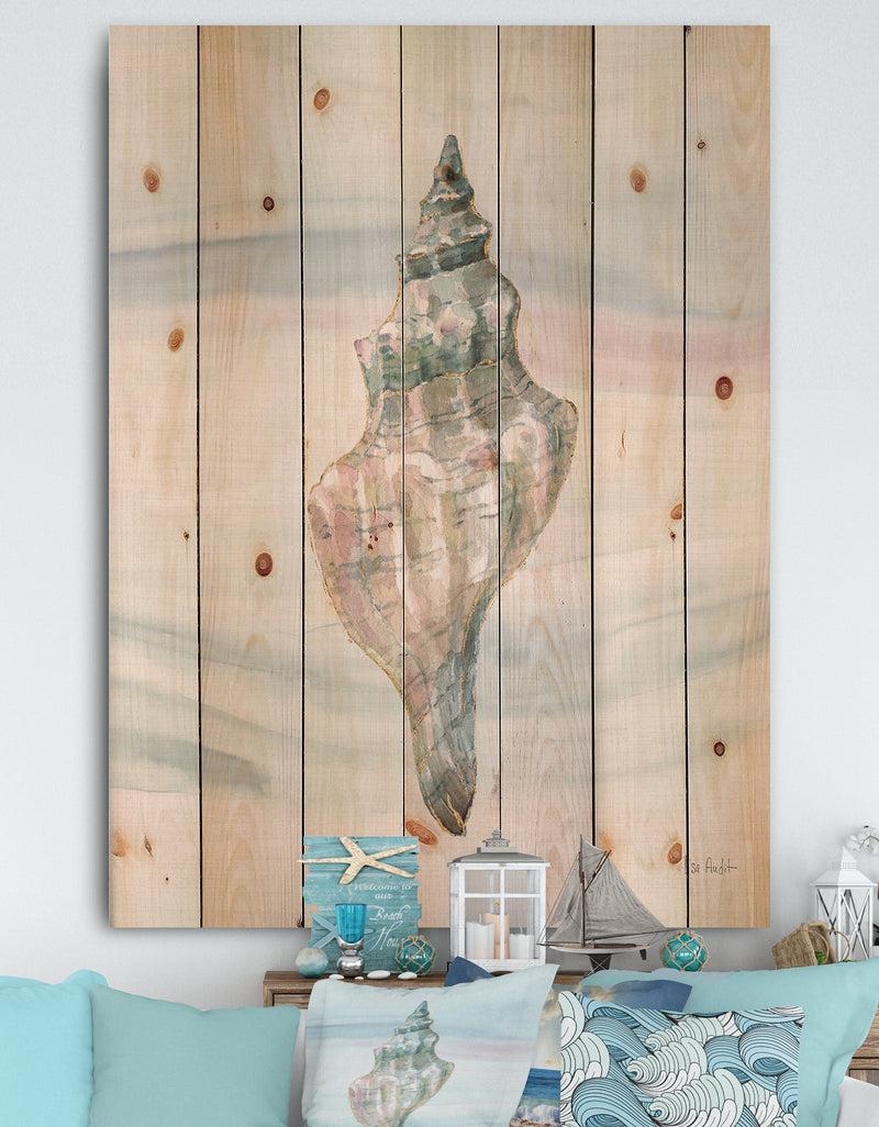 DesignQ Ocean Metallic Conch - Lake House Print on Natural Pine Wood