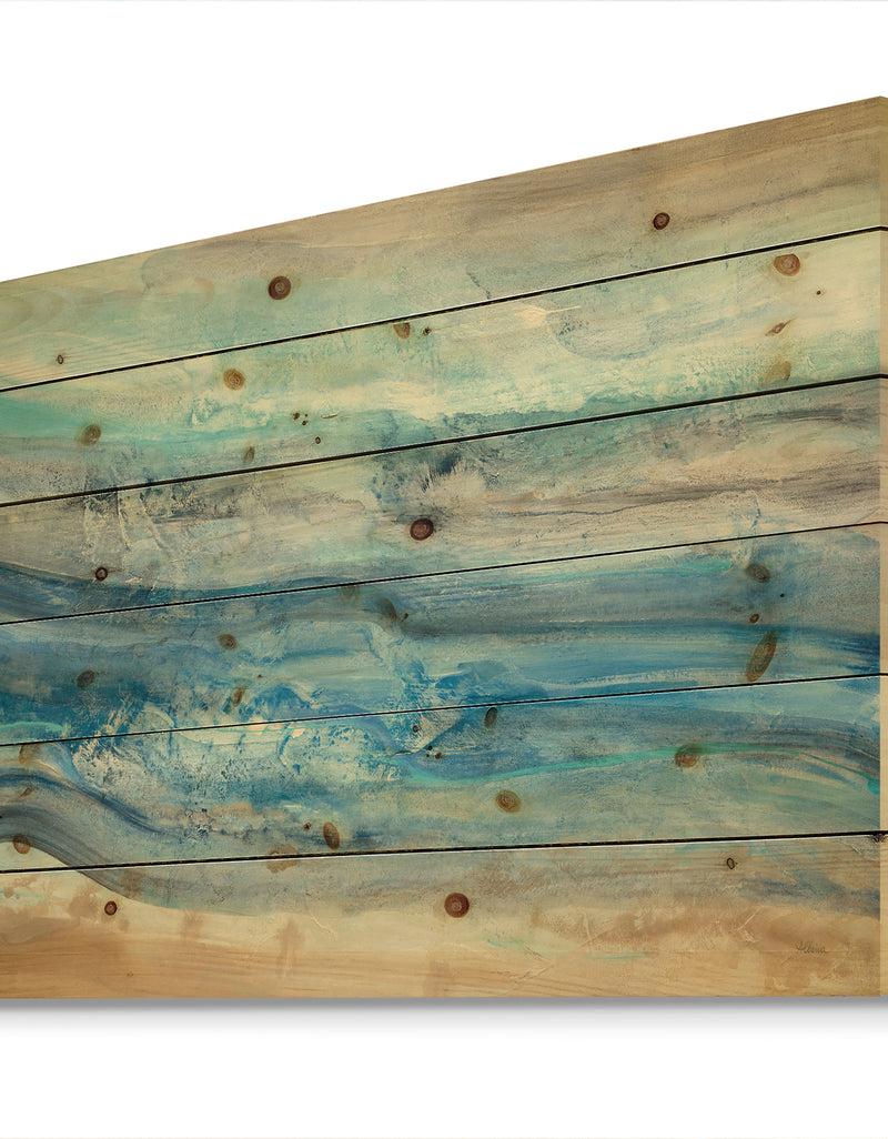DesignQ Ocean Mineral Waves - Nautical & Coastal Print On Natural Pine Wood