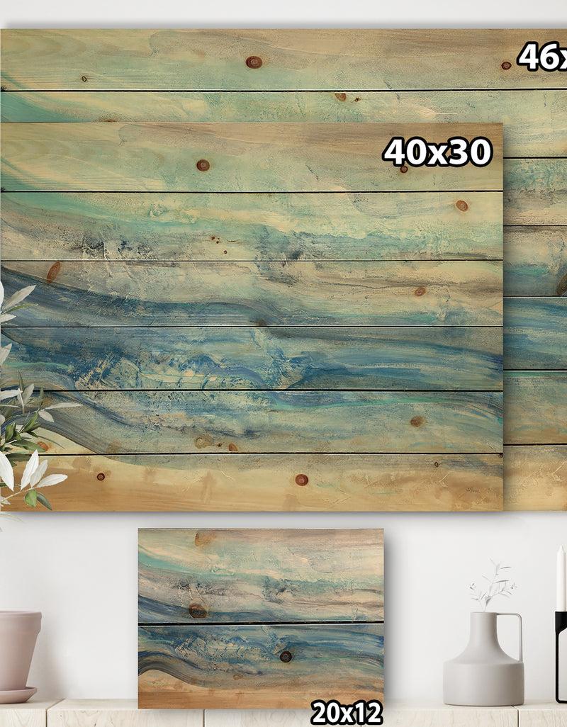 DesignQ Ocean Mineral Waves - Nautical & Coastal Print On Natural Pine Wood