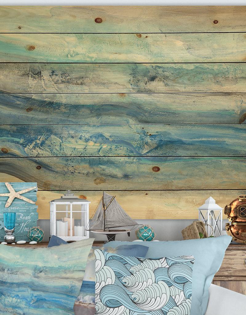 DesignQ Ocean Mineral Waves - Nautical & Coastal Print on Natural Pine Wood