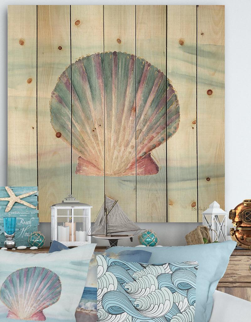 DesignQ Ocean Shell on Blue - Nautical & Coastal Print on Natural Pine Wood