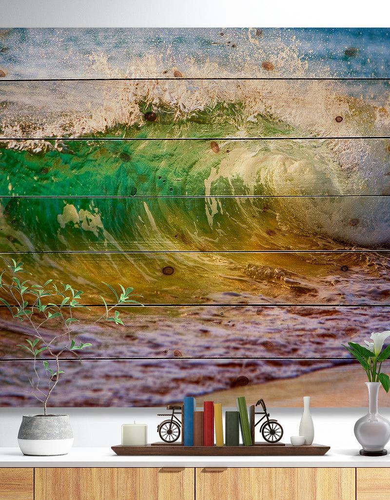 DesignQ Ocean Turning Green - Seascape Print on Natural Pine Wood
