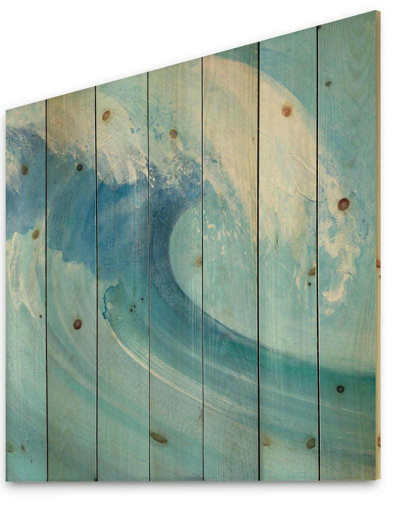 DesignQ Ocean Wave With White Foam - Nautical & Coastal Print On Natural Pine Wood