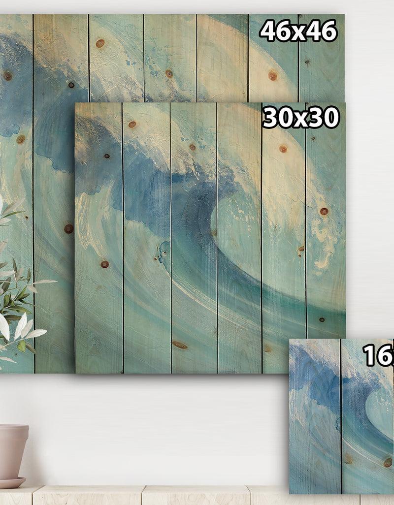 DesignQ Ocean Wave With White Foam - Nautical & Coastal Print On Natural Pine Wood