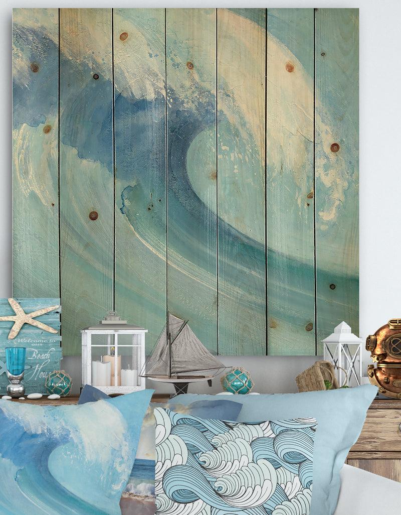 DesignQ Ocean Wave with White Foam - Nautical & Coastal Print on Natural Pine Wood