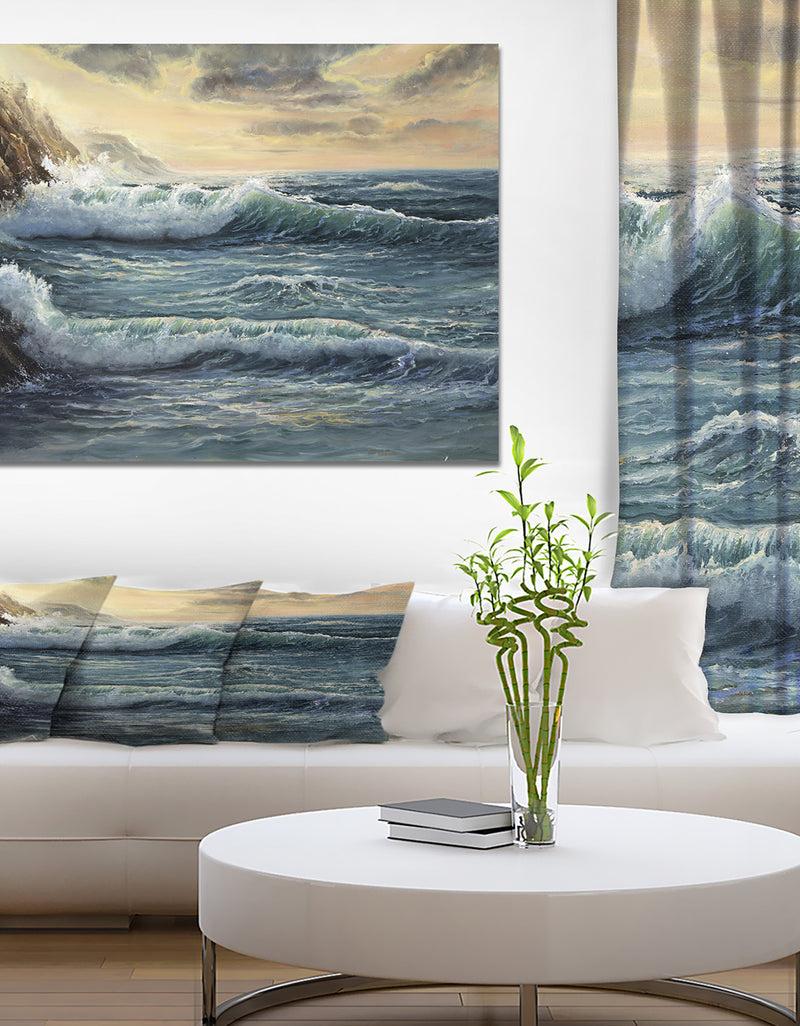 DesignQ Ocean Waves under Dark Cloudy Sky - Sea & Shore Painting Print on Wrapped Canvas