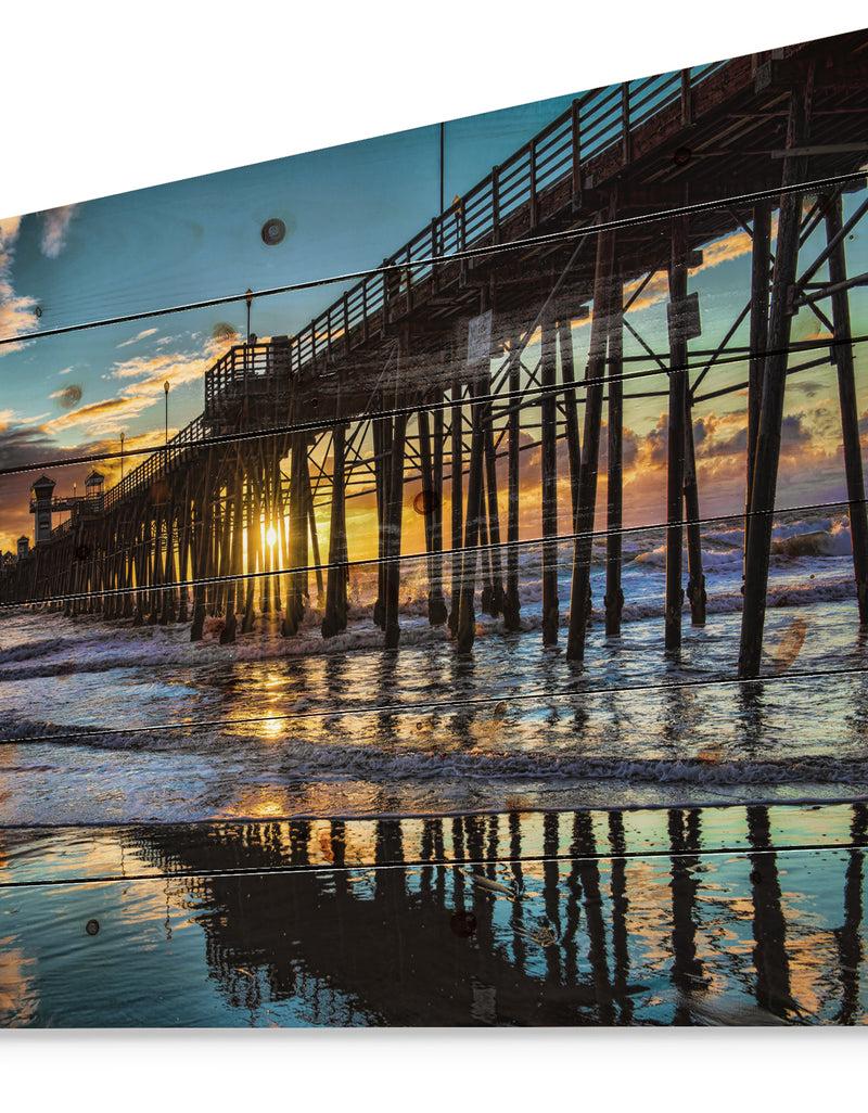 DesignQ Oceanside Pier At Evening - Landscape Photography Print On Natural Pine Wood