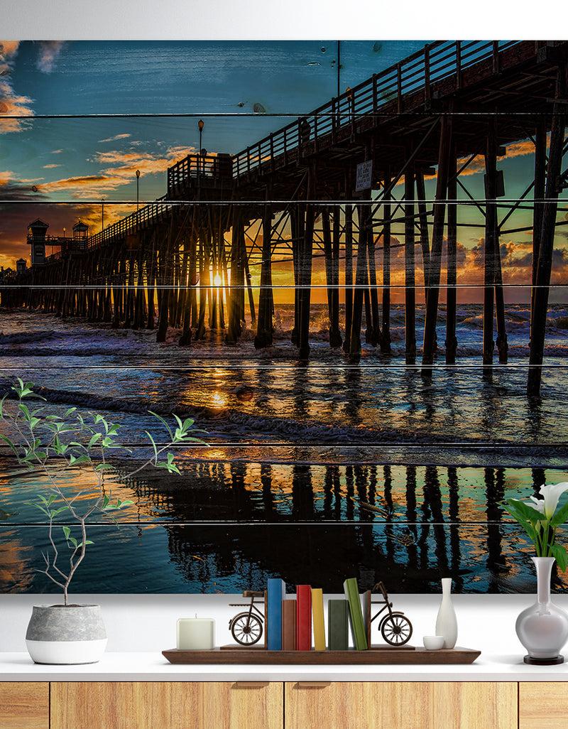 DesignQ Oceanside Pier at Evening - Landscape Photography Print on Natural Pine Wood