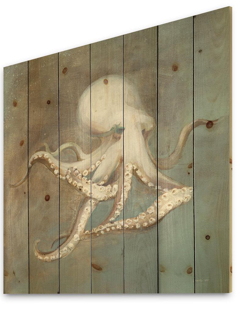DesignQ Octopus Treasures From The Sea - Nautical & Coastal Print On Natural Pine Wood