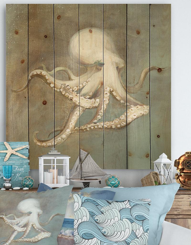 DesignQ Octopus Treasures from the Sea - Nautical & Coastal Print on Natural Pine Wood
