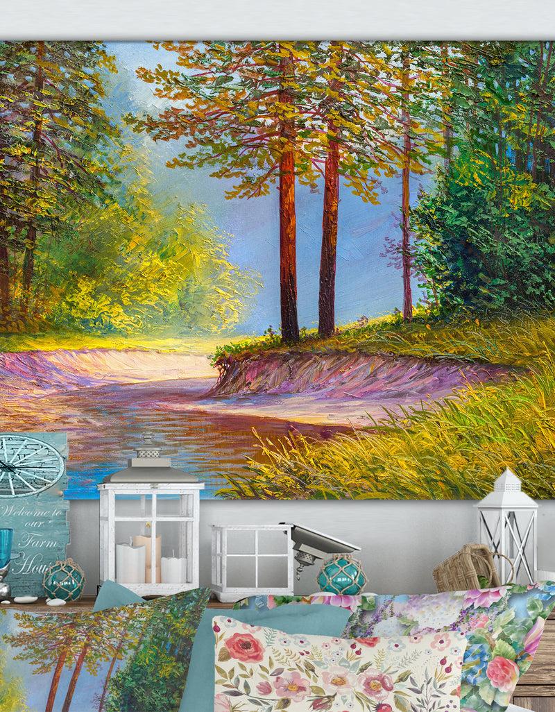 DesignQ Oil painting landscape beautiful river. - Cottage Canvas Wall Art