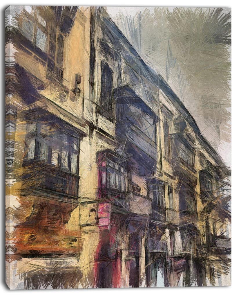 DesignQ Old City Street Watercolor Painting - Large Cityscape Artwork On Canvas