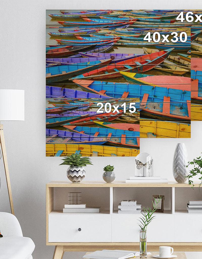 DesignQ Old Colorful Sailboats In Lake - Boat Print On Natural Pine Wood