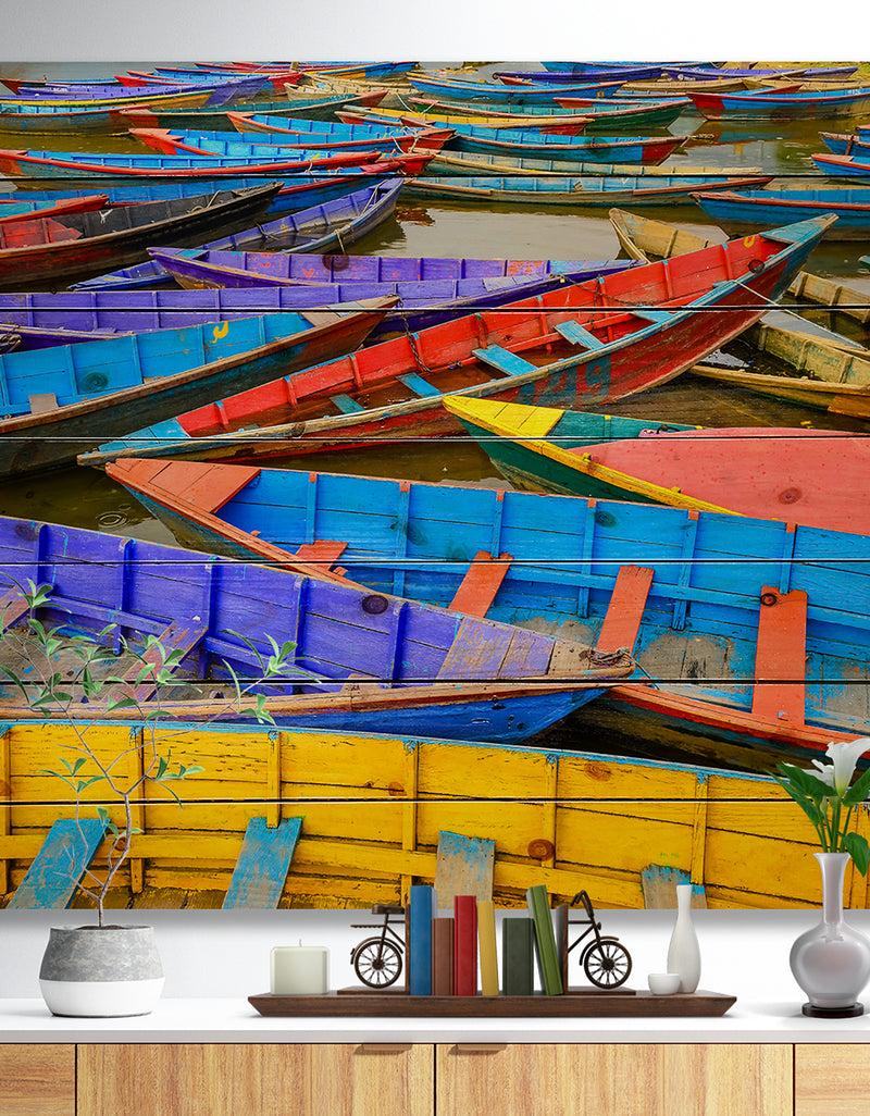 DesignQ Old Colorful Sailboats in Lake - Boat Print on Natural Pine Wood