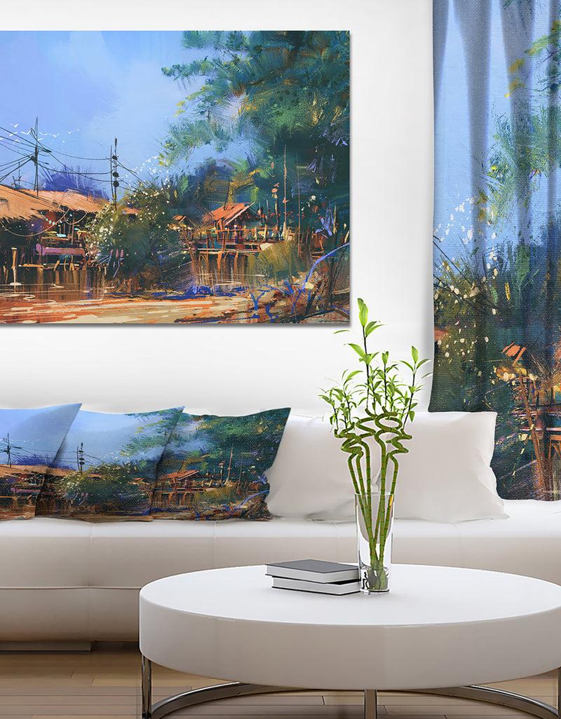 DesignQ Old fishing village in Clear Sky - Cityscapes Painting Print on Wrapped Canvas