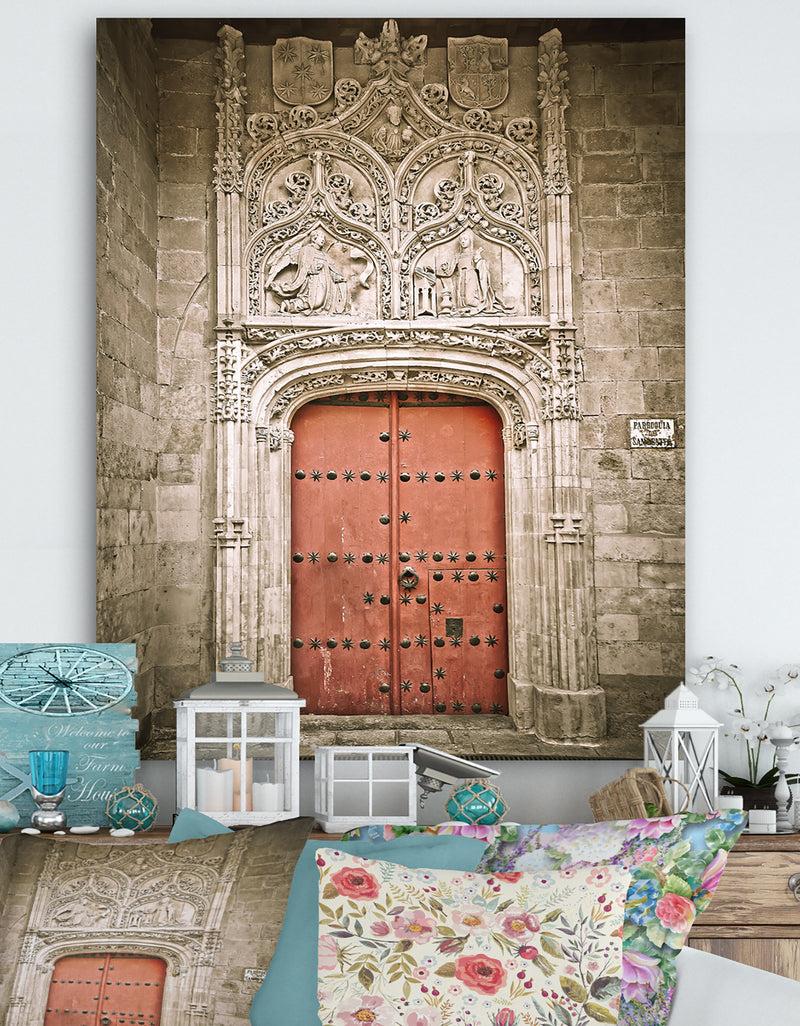 DesignQ Old Red Church Door in Salamanca Spain - Vintage Canvas Artwork