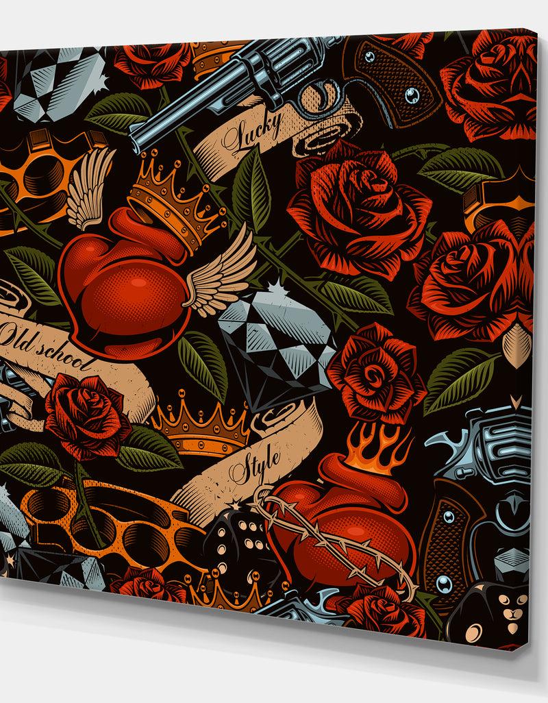 DesignQ Old School Tattoo Pattern - Floral Gallery-wrapped Canvas